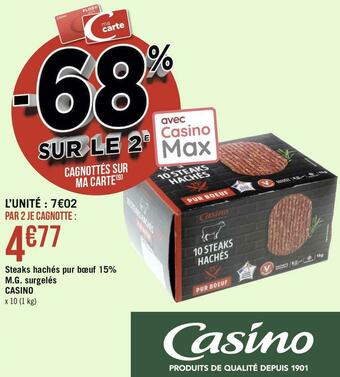 Géant Casino Casino steaks hachés pur bœuf 15% m.g. surgelés offre