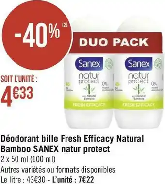 Géant Casino Sanex déodorant bille fresh efficacy natural bamboo natur protect offre