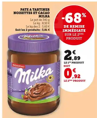 Super U MILKA PATE A TARTINER NOISETTES ET CACAO offre