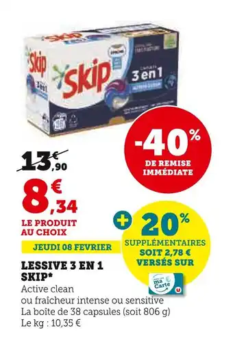 Super U SKIP LESSIVE 3 EN 1 offre