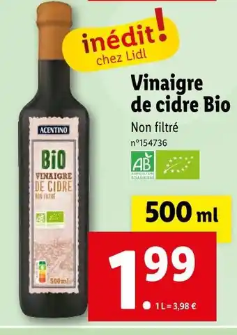 Lidl ACENTINO Vinaigre de cidre Bio offre