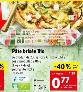 Lidl Toque du Chef Pâte brisée Bio offre