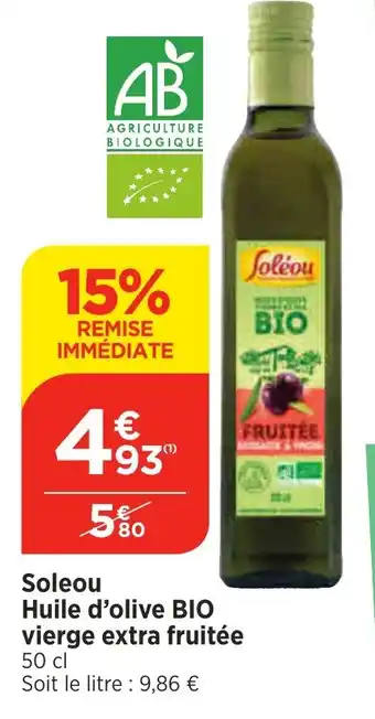 Bi1 Soleou Huile d'olive BIO vierge extra fruitée 50 cl offre