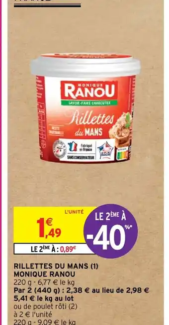 Intermarché RILLETTES DU MANS (1) MONIQUE RANOU 220 g- 6,77 € le kg offre