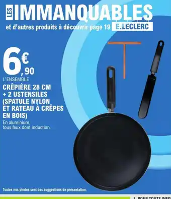 E.Leclerc CRÊPIÈRE 28 CM + 2 USTENSILES SPATULE NYLON ÈT RATEAU À CRÊPES EN BOIS offre