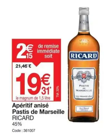 Promocash Apéritif anisé Pastis de Marseille RICARD offre