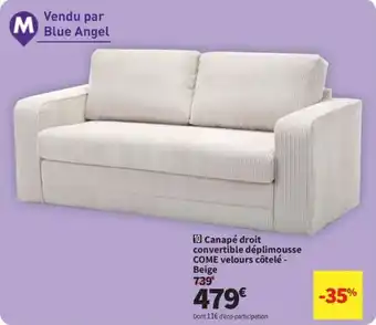 Conforama Canapé droit convertible déplimousse COME velours côtelé - Beige offre
