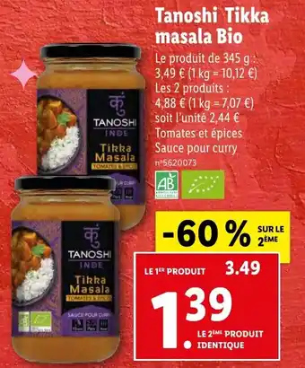 Lidl Tanoshi Tikka masala Bio offre