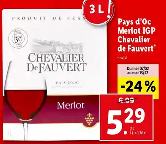 Lidl Pays d'Oc Merlot IGP Chevalier de Fauvert* offre