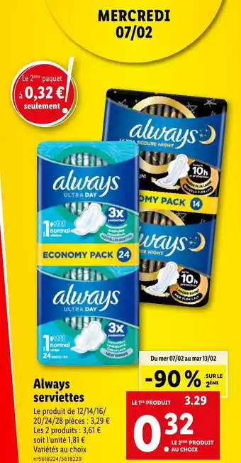 Lidl Always serviettes offre