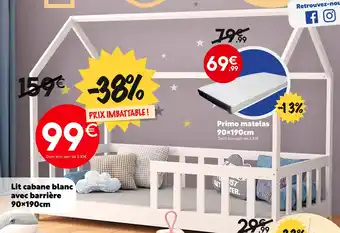 Maxi Bazar Lit cabane blanc avec barrière 90x190cm offre