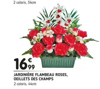 Jardinière flambeau roses, oeillets des champs