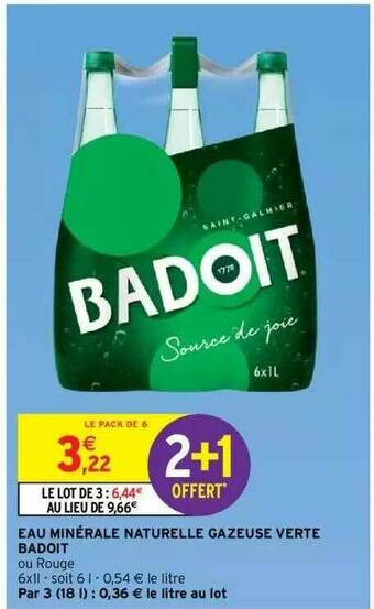 Intermarché Hyper Eau Minérale Naturelle Gazeuse Verte Badoit offre