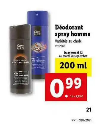 Lidl Déodorant Spray Homme Cien offre