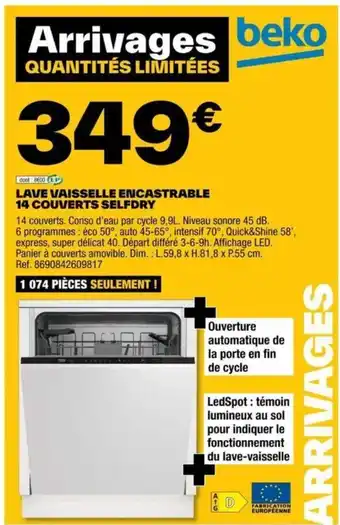 Brico Dépôt LAVE VAISSELLE ENCASTRABLE 14 COUVERTS SELFDRY offre