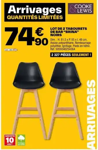 Brico Dépôt LOT DE 2 TABOURETS DE BAR "BRINA" NOIRS offre