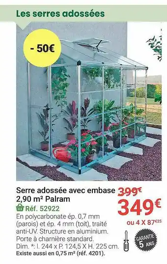 Gamm vert Serre Adossée Avec Embase 2,90 M² Palram offre