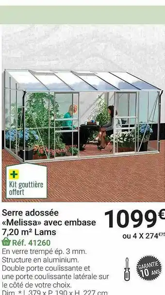 Serre Adossée «melissa» Avec Embase 7,20 M² Lams