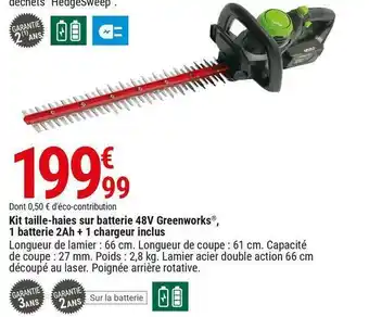 Gamm vert Gamm vert kit taille-haies sur batterie 48v greenworks®, 1 batterie 2ah + 1 chargeur inclus offre