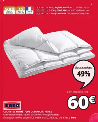 JYSK Couette synthétique dodo maxi aérée offre