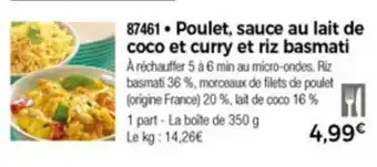 Poulet, sauce au lait de coco et curry et riz basmati