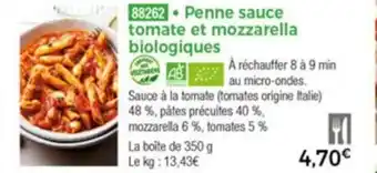 Penne sauce tomate et mozzarella biologiques