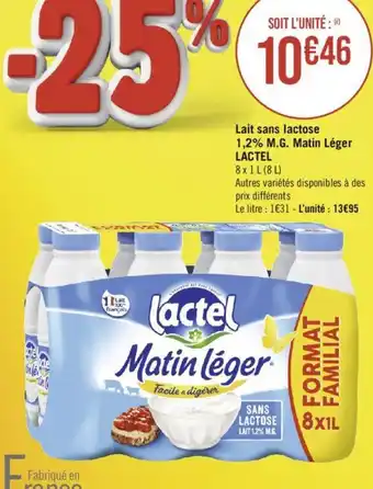 Géant Casino Lait sans lactose 1,2% M.G. Matin Léger LACTEL offre