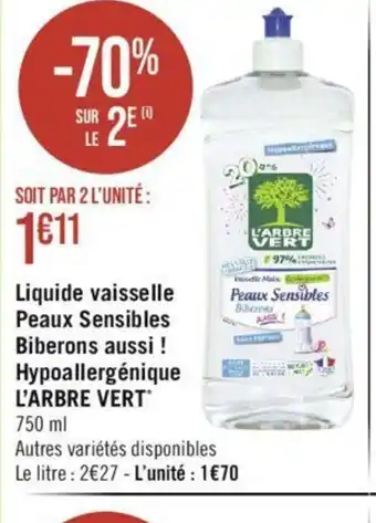 Géant Casino Liquide vaisselle Peaux Sensibles Biberons aussi ! Hypoallergénique L'ARBRE VERT offre