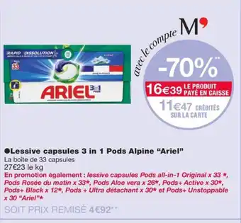 Monoprix Lessive capsules 3 in 1 Pods Alpine "Ariel" offre