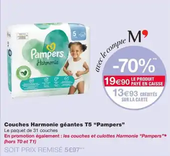 Monoprix Couches Harmonie géantes T5 "Pampers" offre