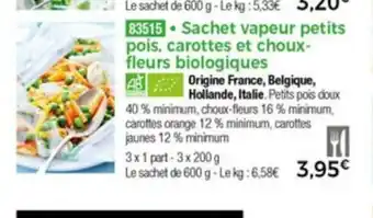 Sachet Vapeur Petits Pois, Carottes Et Choux-Fleurs Biologiques