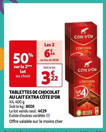 Auchan TABLETTES DE CHOCOLAT AU LAIT EXTRA CÔTE D'OR offre