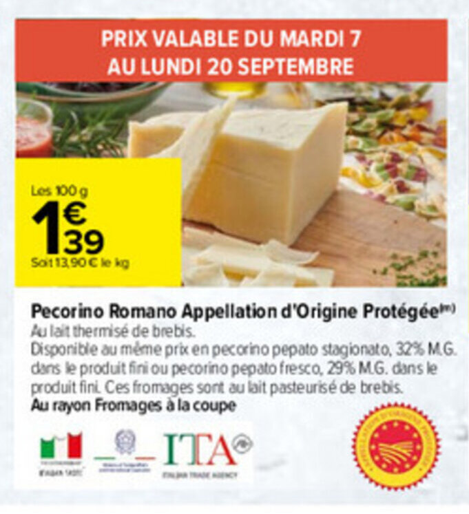 Promo Pecorino romano appellation d'origine protégée chez Carrefour