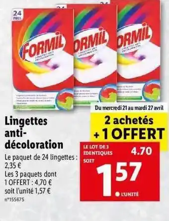 Lidl Lingettes Anti-décoloration Formil offre