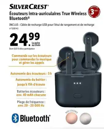 Lidl écouteurs Intra-auriculaires True Wireless Bluetooth Silver Crest offre