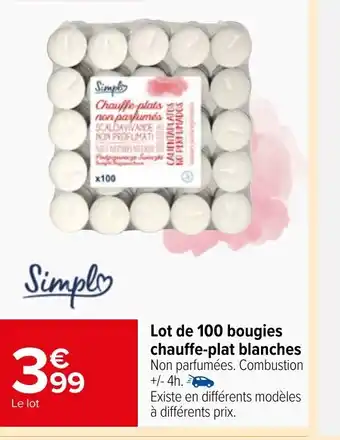 Carrefour Market Lot de 100 bougies chauffe-plat blanches offre