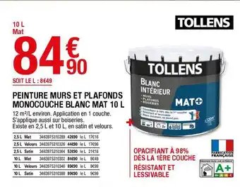 Brico Dépôt Peinture Murs Et Plafonds Monocouche Blanc Mat 10 L Tollens offre