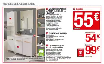 Brico Dépôt Meuble Sous-vasque à Poser Blanc L. 60 Cm «ladoga», Plan Vasque «towan», Colonne Blanche H. 190 Cm «ladoga» offre