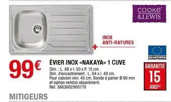Brico Dépôt évier Inox «nakaya» 1 Cuve Cooke & Lewis offre