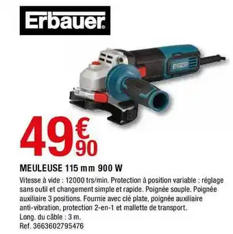 Brico Dépôt Meuleuse 115 Mm 900 W Erbauer offre