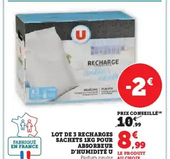 Hyper U LOT DE 3 RECHARGES SACHETS 1KG POUR ABSORBEUR D'HUMIDITÉ U offre