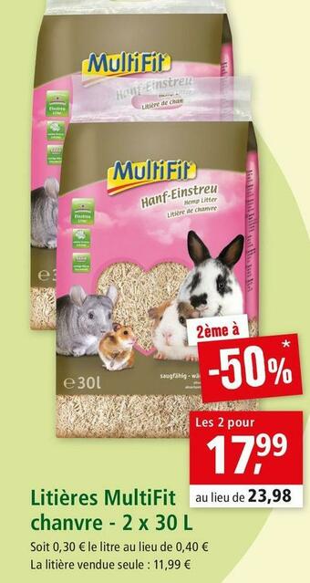 Maxi Zoo Multifit litières chanvre - 2 x 30 l offre