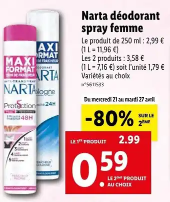 Lidl Narta Déodorant spray feme offre
