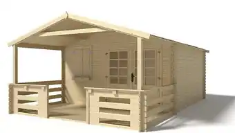 Bricorama Abri de jardin en bois - 4x4 m - 24 m2 + terrasse avec balustrade et avant-toit en bois offre