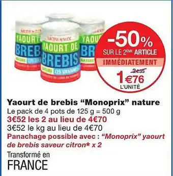 Monoprix Yaourt De Brebis offre