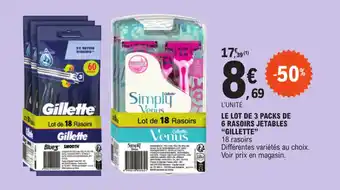 E.Leclerc LE LOT DE 3 PACKS DE 6 RASOIRS JETABLES "GILLETTE" offre