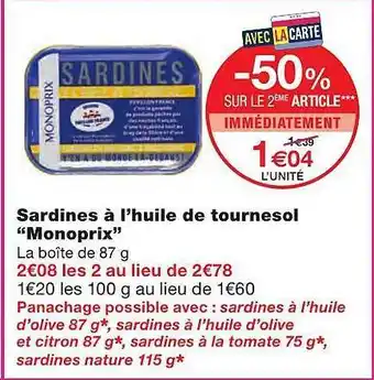 Monoprix Sardines à L'huile De Tournesol offre