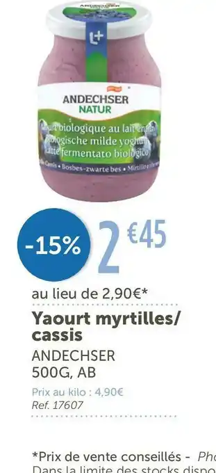 L'Eau Vive Andechser yaourt myrtilles/ cassis offre