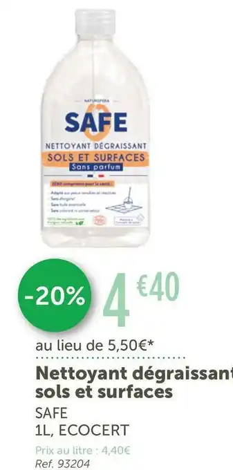 L'Eau Vive Safe nettoyant dégraissant sols et surfaces* offre