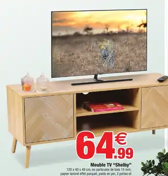 Bazarland Meuble TV "Shelby" 120 x 40 x 49 cm, en particules de bois 15 mm, papier laminé effet parquet, pieds en pin, 2 portes et offre